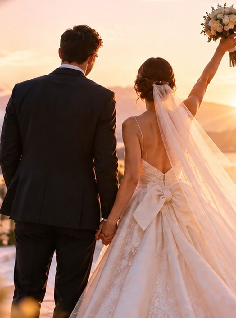 Gün batımında el ele tutuşan gelin ve damat